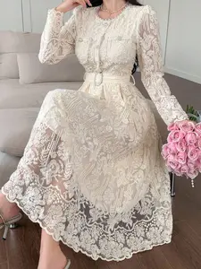 Delicate High-End Lace Tie-Cinched Waist Embroidered Dress, Soft Korean Style Graceful Age-Reducing Midi Dress Summer Women Dresses