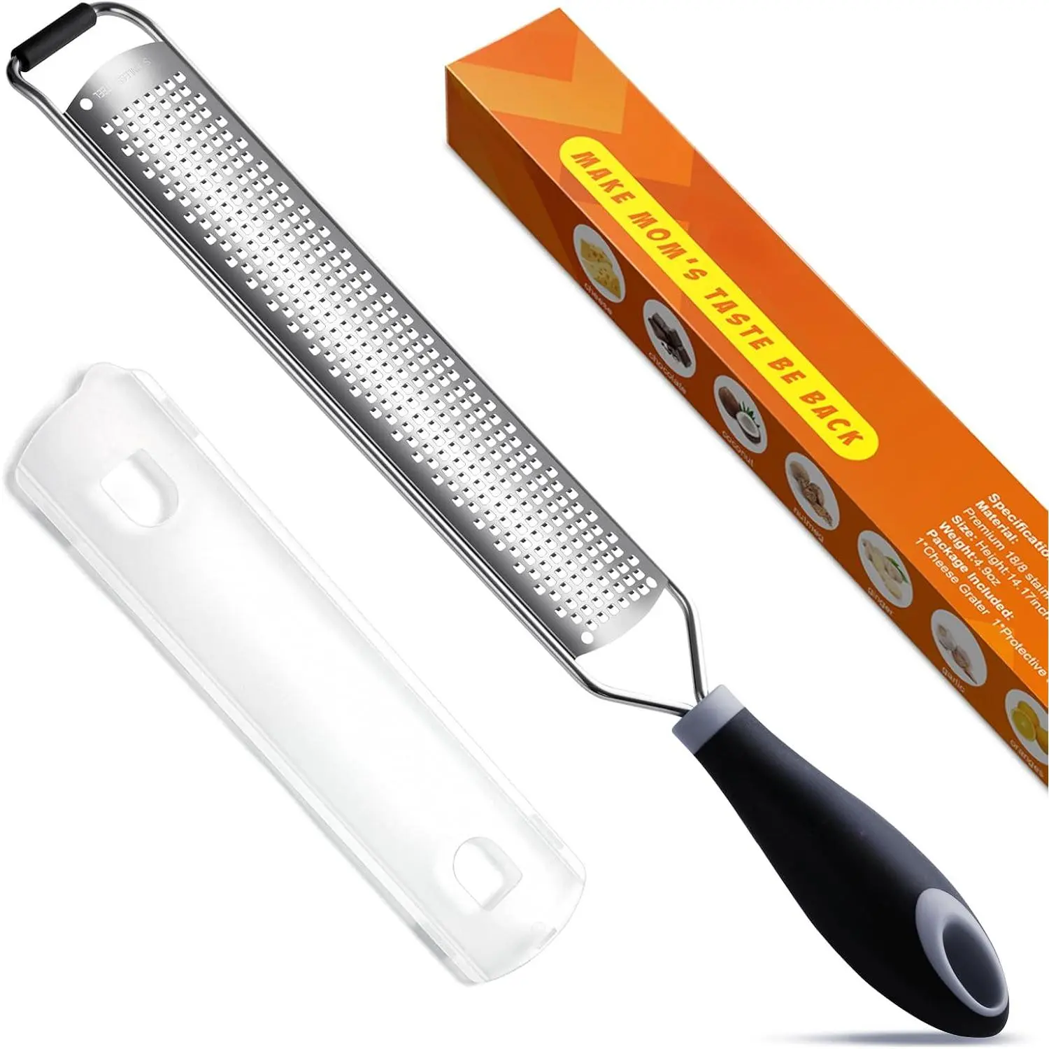 14.3" Long Rustproof Stainless Steel Handheld Lemon Zester - Fruit Tool with Black Handle, Ergonomic Design, Blade Cover, Hanging Hook for Culinary Use (Cheese, Vegetable)