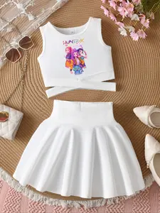 Girls K-Pop Summer Sleeveless Top & Pleated Skirt Sporty Set, Cartoon Print Criss Cross Cut Out Design, Casual Fashion Kids Sportswear