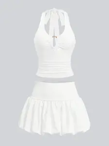 Women's Summer Knit Halter Tie-Back Ruffle Crop Top & Fitted Bubble Hem Skirt Set Sexy, Fashion, Chic & Comfortable Perfect for beach days and casual outings.