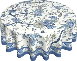 Giwawa Chinoiserie Tablecloth round 60Inch, Blue White Flowers Birds Table Cloth, Classic Porcelain Floral Oriental Style Table Cover Reusable Heat Resistant for Dining Kitchen Indoor Outdoor Decor