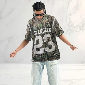 American retro jersey-style short-sleeve T-shirt, high-street cool vibe, jungle camouflage numeric print, side stripe paneling, loose and comfortable fit, trendy streetwear look for going out.