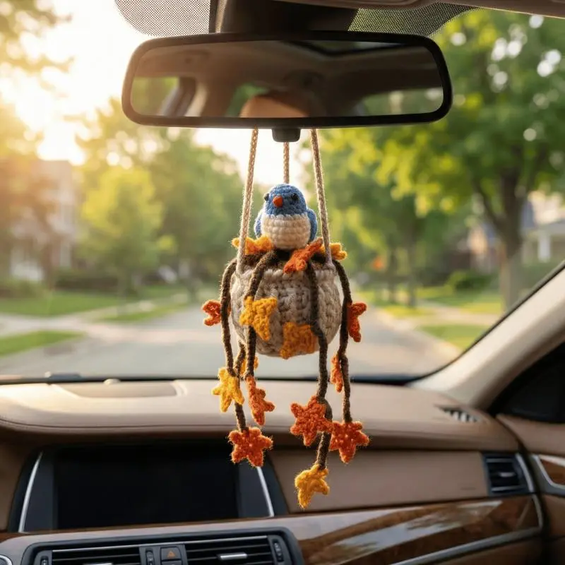 1PC Handmade Amigurumi Bird Car Hanging Charm - Cottagecore Emotional Support, Lightweight Mirror-Friendly Rearview Ornament, Gentle Sway Decor, Car Trinkets, Cute Mom Gift (Birthday, Christmas)