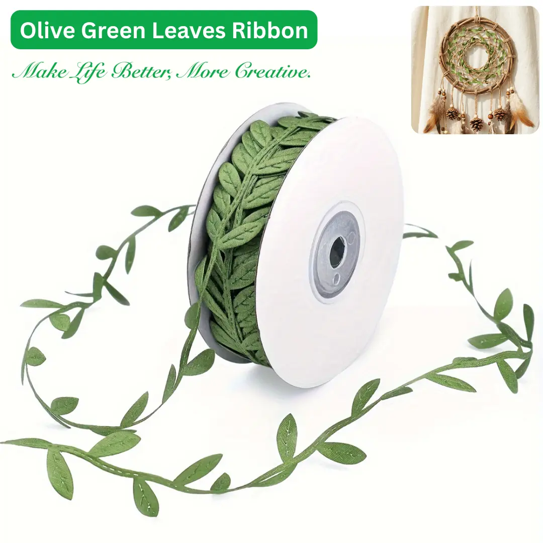 IDONGCAI Olive Green Leaf Lace Trim Ribbon - Fabric Decorative Faux Vine Leaves, Sewing Accessory for DIY Crafts, Home Decor, Parties with Decorative Touch for School Projects
