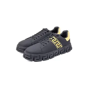 Downtown Hullabaloo Low Top Sneakers - Black, Athletic Footwear for Training and Running, Closed Design Trainer Runner Rubber Sole Greek Key Pattern