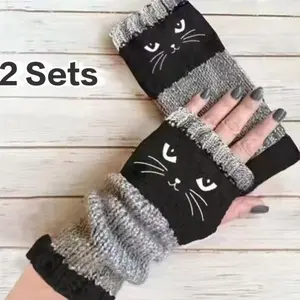 【Buy One Get One Free】Women's knitted fingerless gloves with cute cat embroidery pattern - comfortable and fashionable gloves suitable for casual spring wear