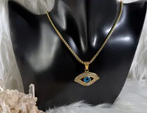 316L Stainless Steel Necklace with Evil Eye Rhinestone Pendant (Gold Plated)