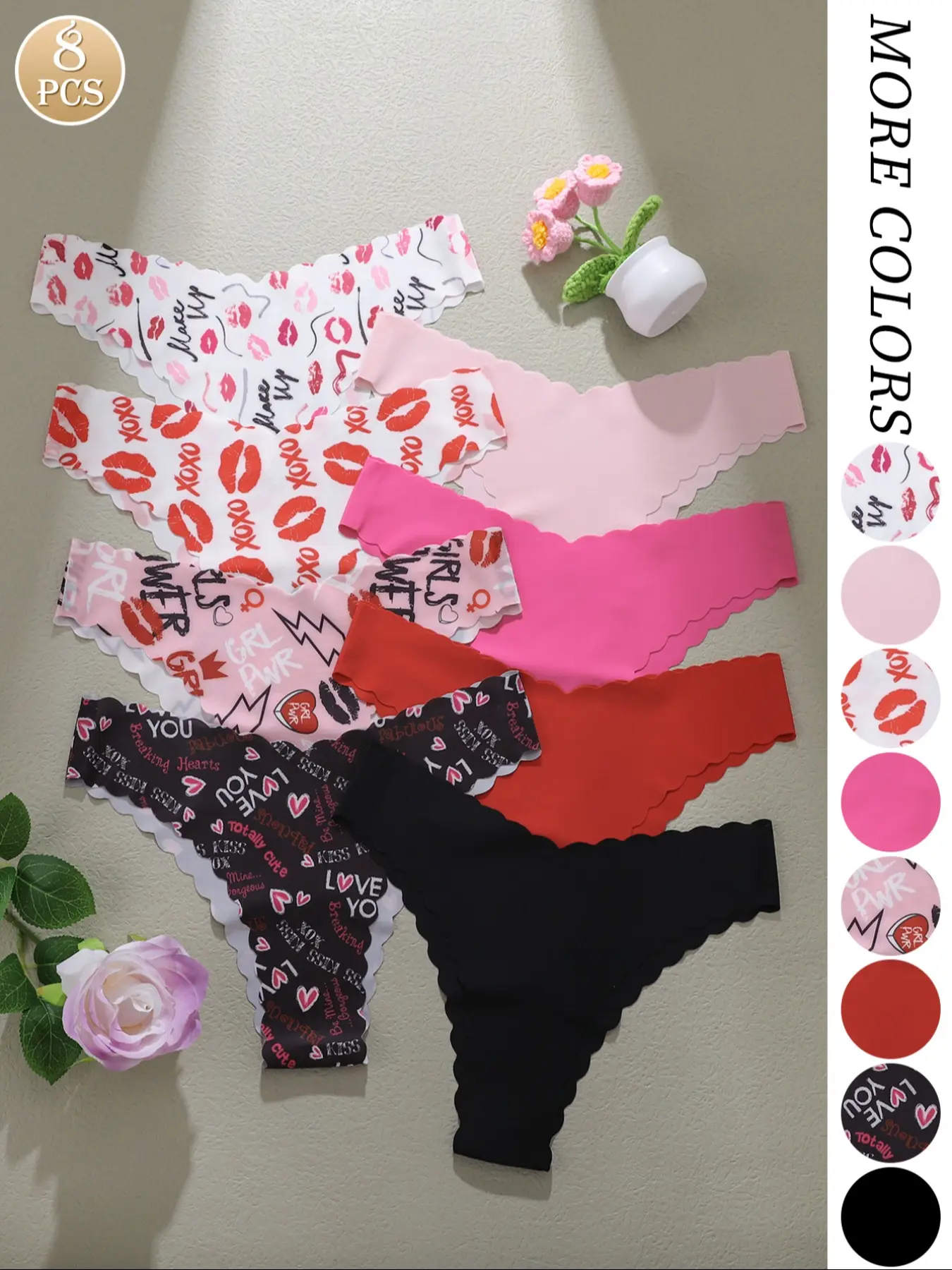 Valentine's Day Gifting Hack: 8-Pack Valentine's Limited-Edition Womenswear Underwear Panties | Elegant Soft Panty Fitted Cut Heart & Lip Print + Scallop Edging Trim Design, The Perfect Sweet & Chic Gifting Choice
