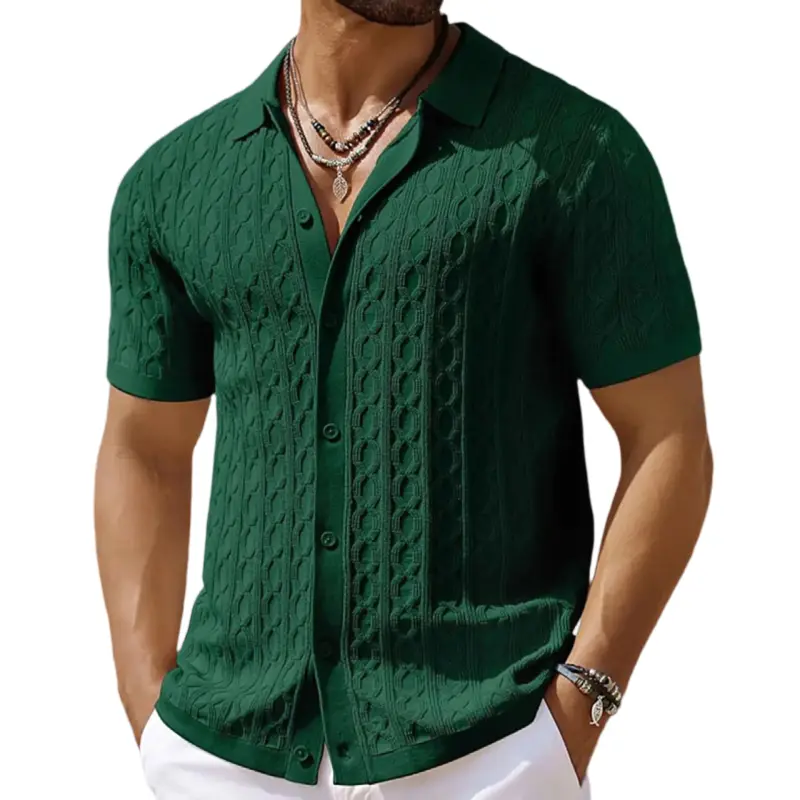 Men's Cable Knit Polo Shirt - Menswear Stylish Plain Short-Sleeve Button-Down Jacquard Top, Loose-Fit Breathable Fabric for Casual Summer Evening Wear, Shortsleeve, Soft