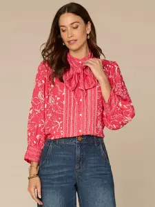 Three Quarter Sleeve Self Tie Button Down Scallop Edge Woven Shirt