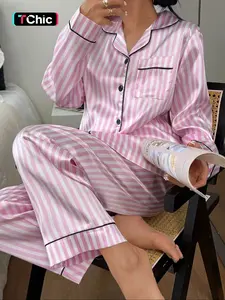 Women's Striped Button Front Shirt & Elastic Waist Pants Set, Soft Fabric Long Sleeve Casual Home Wear for All Seasons