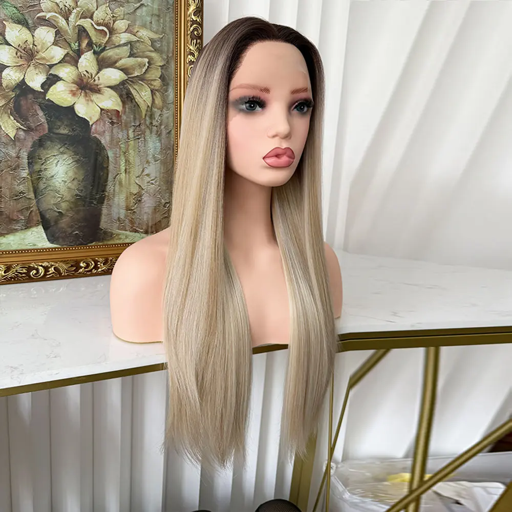 Lovestory Eileen 26Inch Gorgeous Long Straight Synthetic Lace Front Wigs Heat Resistant Glueless Ash Blonde Mixed Color Lace Front Wig Free Part for Women