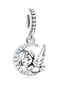 Copper Plated Silver Crescent Angel Charm Pendant, Zircon Embedded, Elegant Guardian Angel Gift for Friends, All Seasons Jewelry