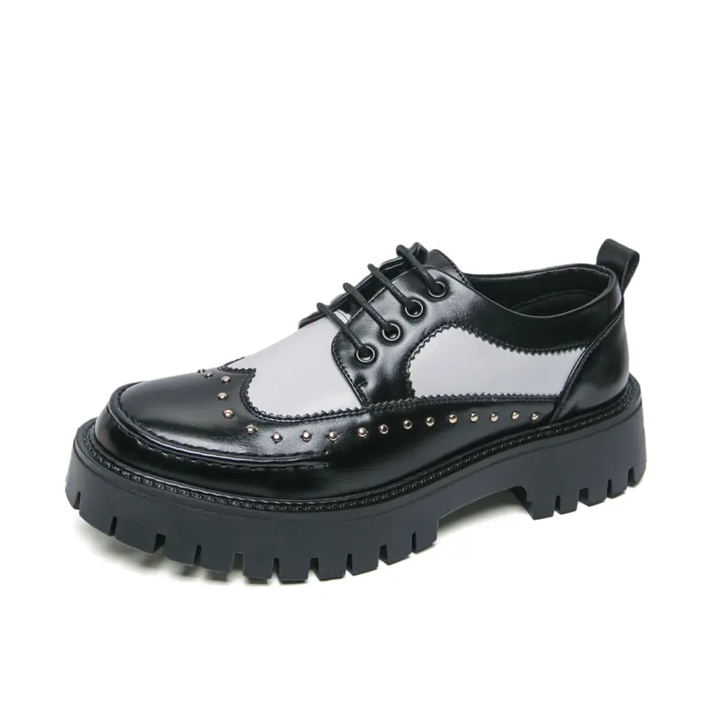 Men's Glossy Studded PU Leather Oxfords - Office Footwear, Lace-Up, Chunky Heel, Round Toe, Ankle Height, All-Seasons, CN38, for Business Casual Outfits