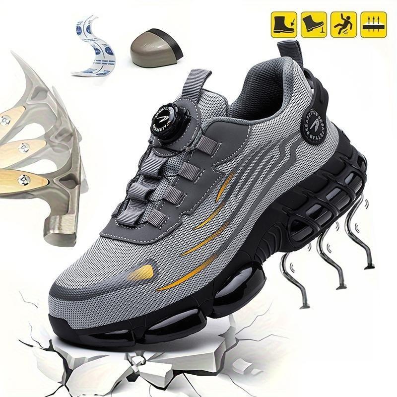 Men's Steel Toe Safety Shoes Puncture Proof And Smash Proof With Swivel Button Contrasting Color Mesh Work Shoes Suitable For Outdoor Work Blue Collar Industrial Construction Outdoorfun Footwear Grey