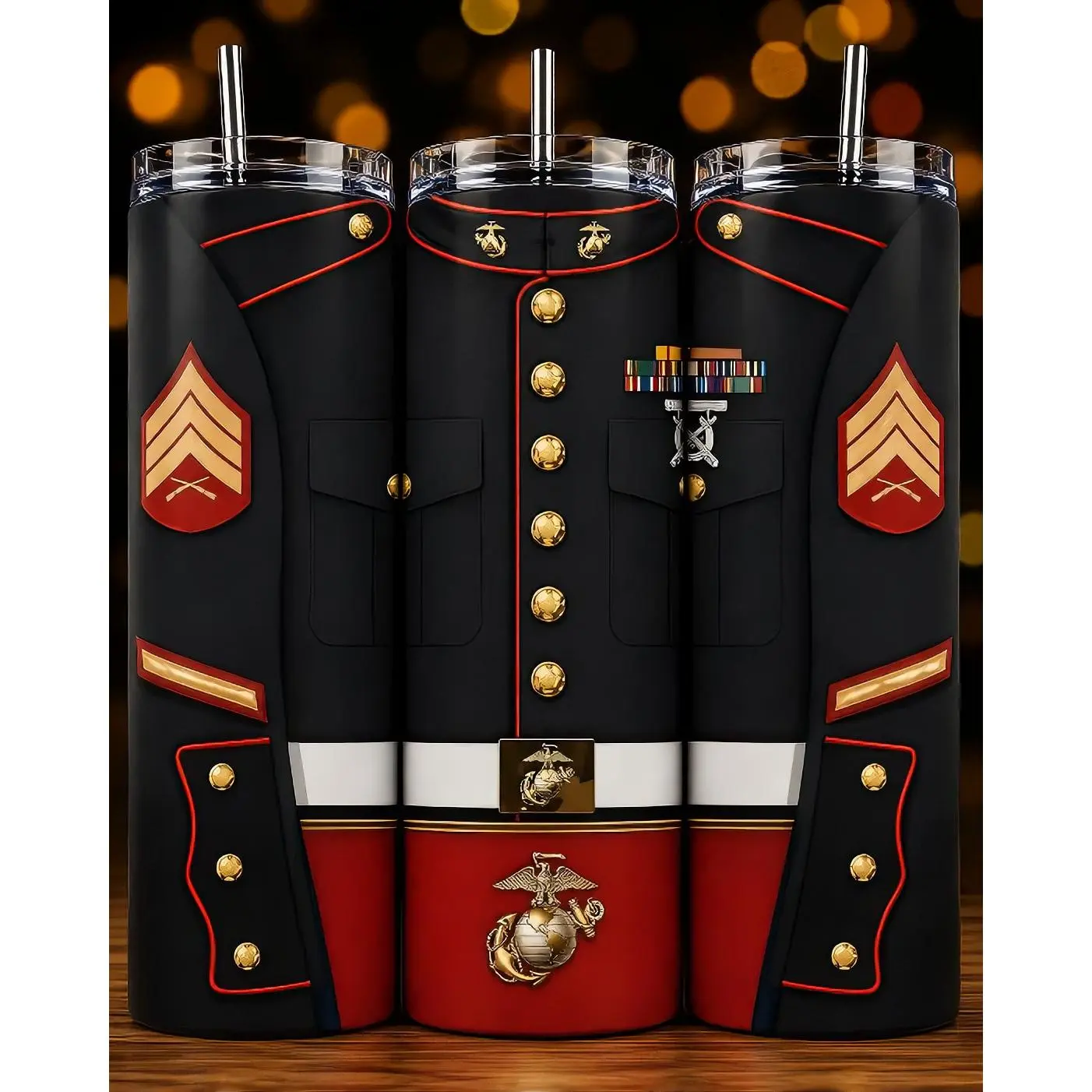 Marines Uniform 20oz Tumbler - Military Design with Gold Buttons and Red Accents - Perfect for Military Enthusiasts