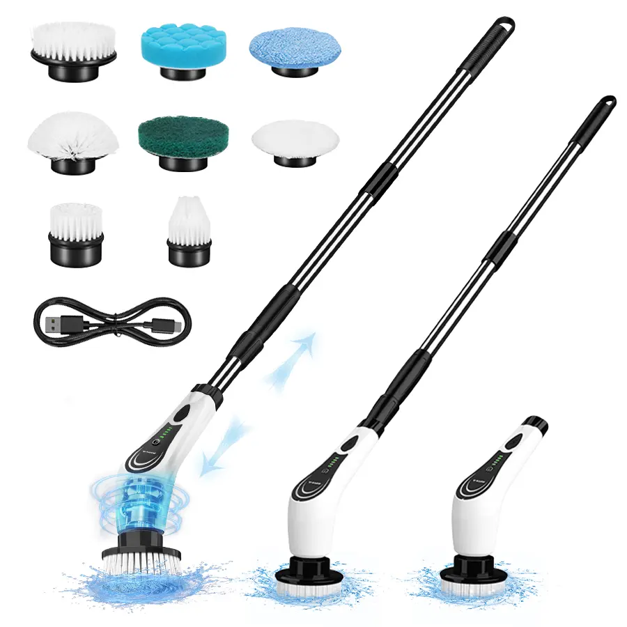 Cordless Electric Spin Scrubber - Cordless Cleaning Brush, Rechargeable Scrubber, Scrubbing Brush, 8 Replaceable Heads, 3 Adjustable Sizes, 2 Speeds, 90 Mins Runtime, Ideal for Bathroom, Shower, Rechargeable Spin Scrubber