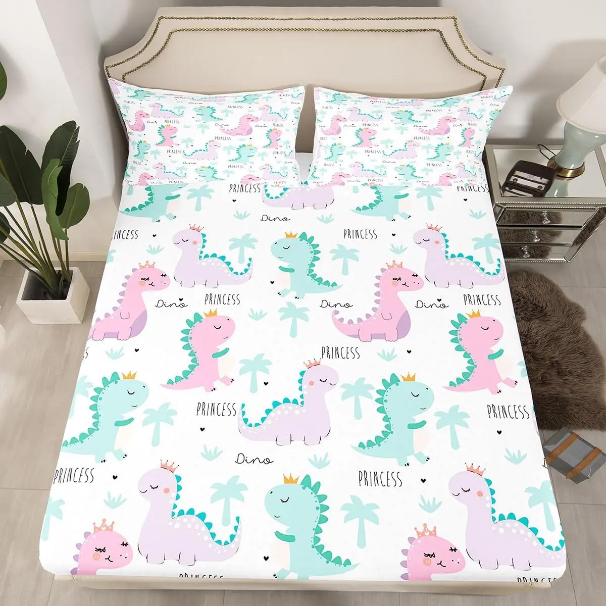 Dinosaur Fitted Sheet Pink Purple Dinos Bedding Set Cartoon Bed Cover Jungle Safari Lovely Cute Animals Bed Sets Kawaii Room Decor With 1 No Top Flat Sheet