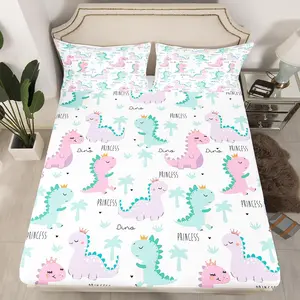 Dinosaur Fitted Sheet Pink Purple Dinos Bedding Set Cartoon Bed Cover Jungle Safari Lovely Cute Animals Bed Sets Kawaii Room Decor With 1 No Top Flat Sheet