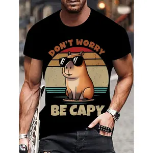 Men's Cotton Short-Sleeve Knit Round Neck T-Shirt, 1pc Casual Fabric Top with Funny 3D Capybara Graphic, Ideal for Outdoor Sports, Leisure, Shortsleeve, Tshirt