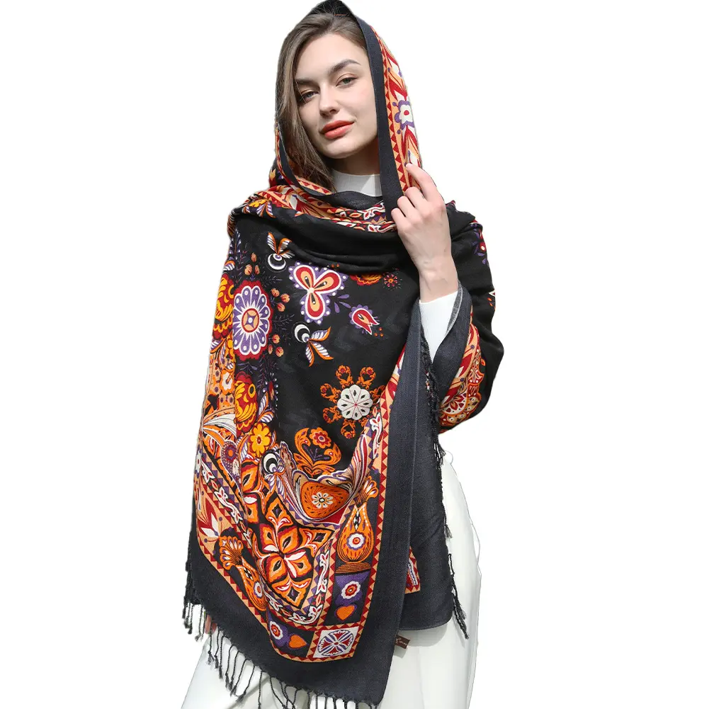 DANA XU 100% Merino Wool Extra Large Pashmina Blanket Travel chunky Scarf Cashmere Wrap for Women Fall Winter Oversize Shawl Floral Fashionable Decorative