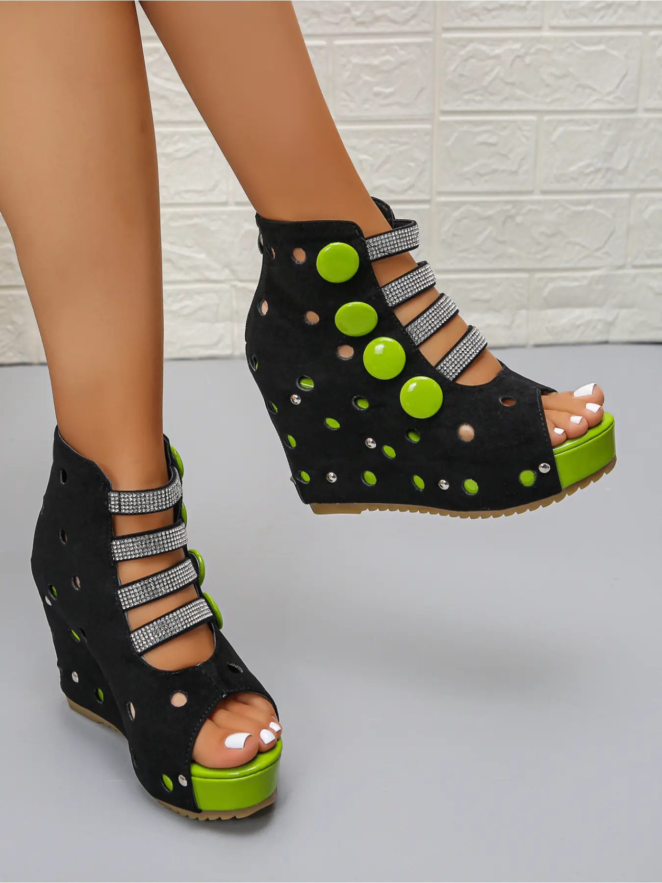 2026 Summer New Arrival! Rhinestone Hollow-Out Wedge Heel Booties, Women High Heels Stylish Colorful Rivet Thick-Soled Gladiator High-Top Shoes