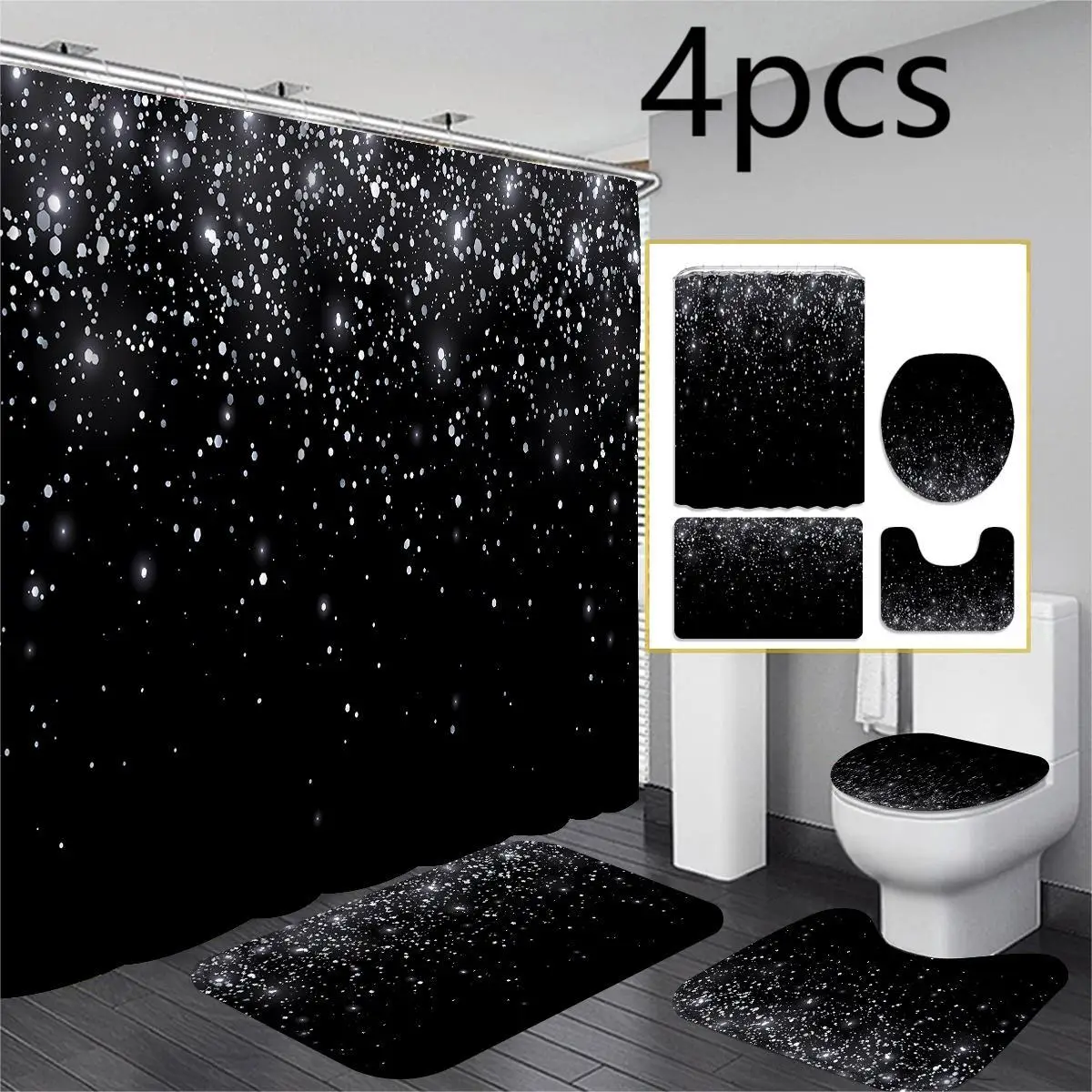 Starry Sky Shower Curtain & Non-slip Bath Mat & U-shaped Commode Contour Rug & Toilet Lid Mat Set (4 Counts/set)/Only 1 Count Shower Curtain with 12 H