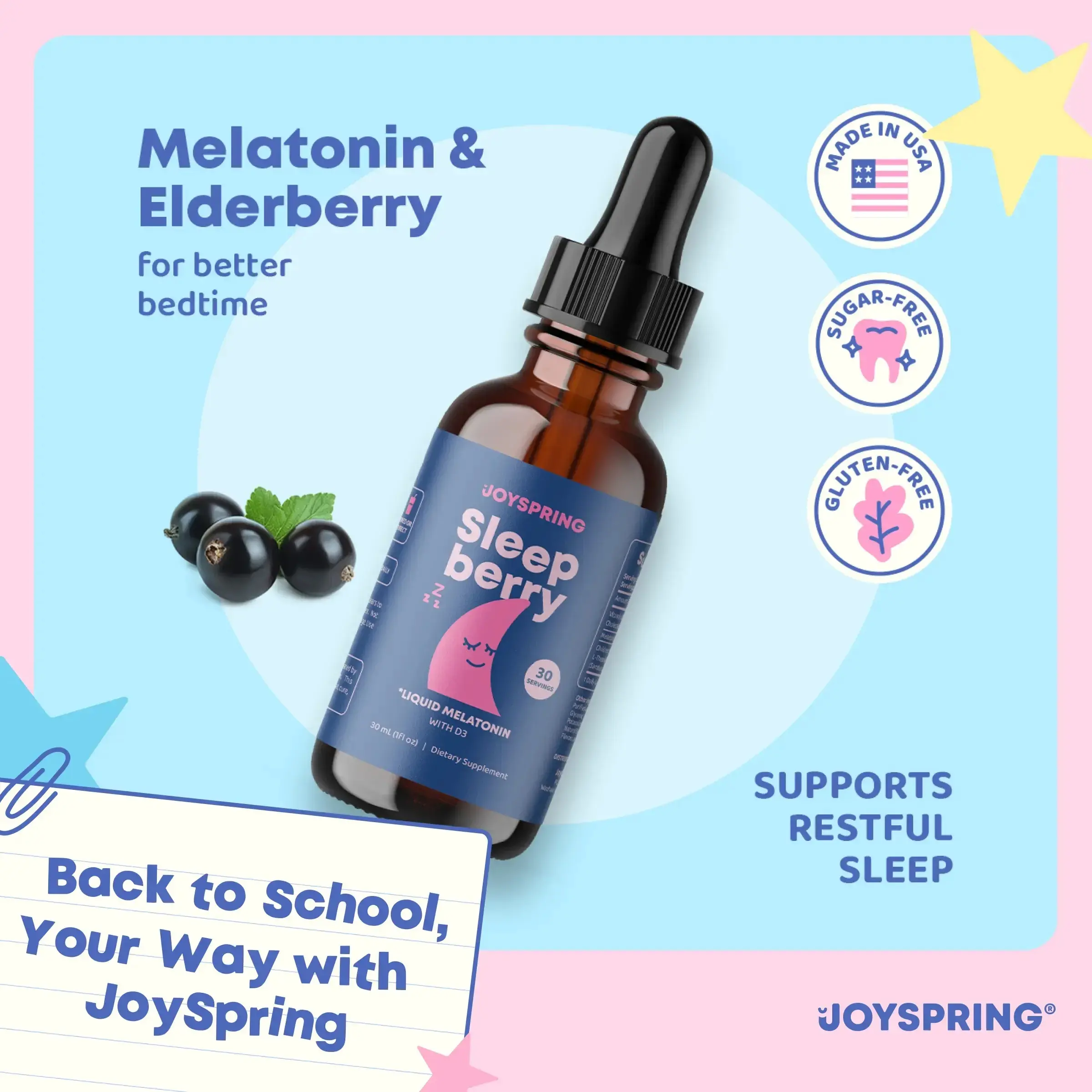 JoySpring SleepBerry Natural Sugar-Free Sleep Aid for Kids with Melatonin & L-Theanine | 30, 60, 120 Day Supply