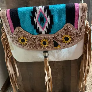 Tooled Leather & Cowhide Purse with Saddle Blanket Material Accent