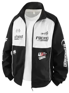 Men's Casual Bomber Jacket, Polyester Fiber Zipper Design, Stand Collar Long Sleeve, Letter Print, Perfect for Casual