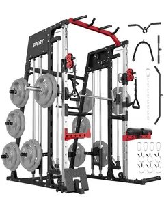 Smith Machine Home Gym, 2200LBS All in One Squat Rack Power Cage with Smith Bar, Dual Pulley System, LAT Pull-Down, Cable Station, Black/Red