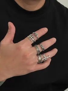 Gothic Punk Style Vintage Hollow Geometric Cross Print Metal Open Rings Set, Statement Rings, Rock Hip Hop Design, Casual Streetwear, Party Wedding Gift