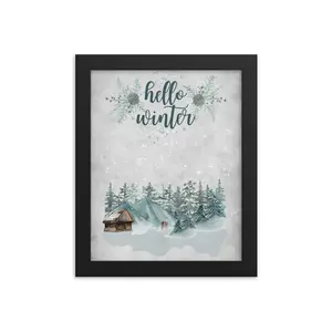 ZUMBUYS Hello Winter Framed Artwork Ayous Wood Frame 1.9 cm Thick Matte Print for Wall Decor Hanging with Deer & Snowy Mountains Scene Lightweight Nature Artistic Decoration Ornaments Photo