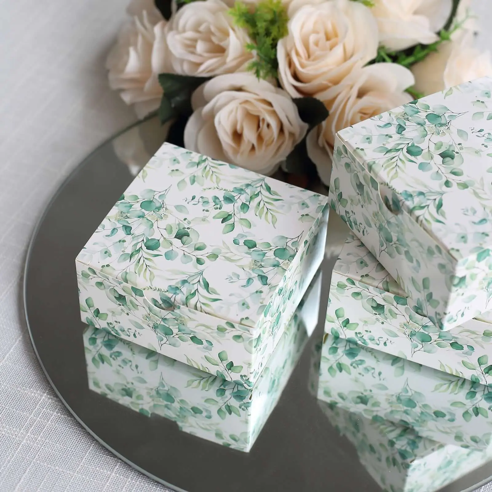 25-Pack Eucalyptus Leaves Print Cardstock Gift Boxes, White & Green 4"x4"x2" Office Wrapping Boxes for Wedding Party Shower Candy Favors, Favor Box