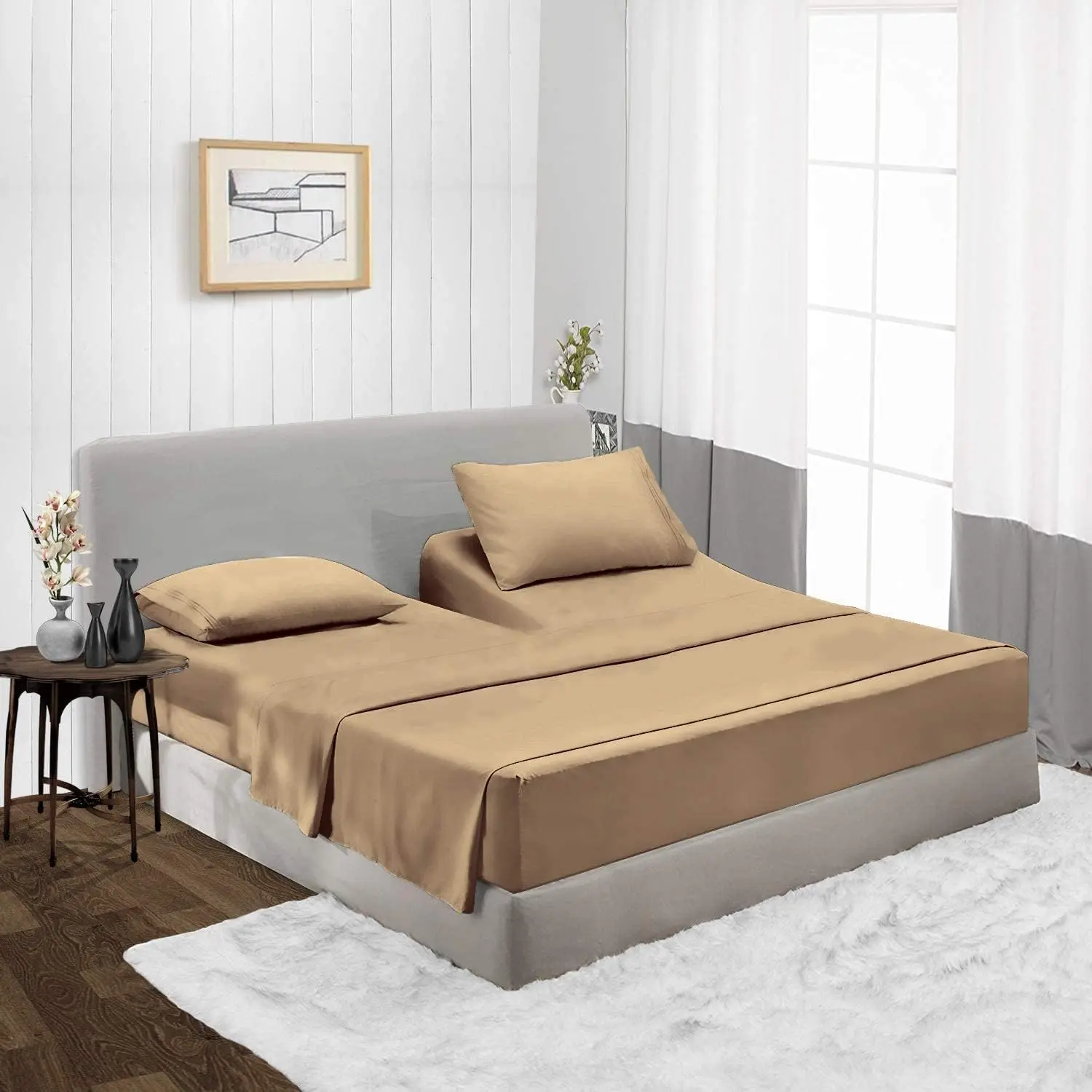 Top Split King Flex Head Sheet for Number Mattress Fits Deep Pocket 1800 Count Super and 4 with Pillowcases 34-36" Split top (Gold)