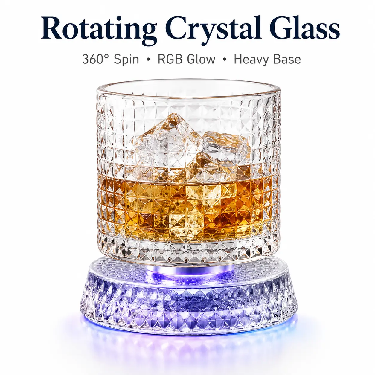 Rotating Crystal Whiskey Glass with RGB Light Coaster, 360° Spinning Heavy Base Clear Tumbler Cup, Premium Textured Glassware for Home Bar, Party & Gift