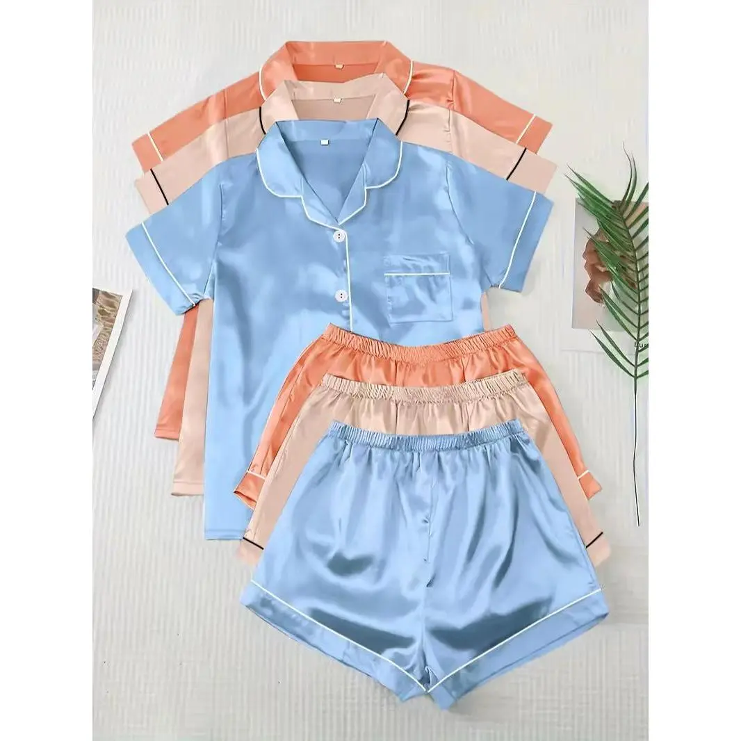 Vista X Women's Solid Satin Pyjama Set, Short Sleeve Button Front Lapel Shirt & Contrast Binding Shorts PJ Set, Summer Sleepwear Set Vista X Women's Solid Satin Pyjama Set, Short Sleeve Button Front Lapel Shirt & Contrast Binding Shorts PJ Set, Summer Sleepwear Set