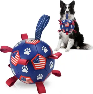 4th July Theme Soccer Ball Dog Toy with Straps Dog Interactive Play Balls for Tug of War USA Independence Day Dog Soccer Ball for Small Medium Big Size Dog