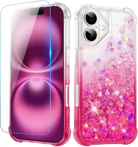 Glitter Sparkle Flowing Quicksand Waterfall Flexible Soft TPU Protective Case for iPhone 16 6.1" with Tempered Gla Screen Protector Gradient Pink Basic Case