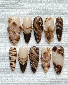 Brown Marble Floral Press On Nails, Gold Beaded Mocha Nails, Luxury 3D Flower Nails, Elegant Handmade Reusable Nail Set