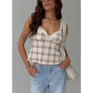 Pretty It Up Tie Detail Top Beige Check