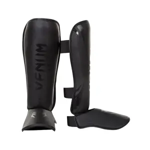 Venum Challenger Standup Shin Guards - Matte/Black, 100% Skintex Leather, Padded for Protection, Velcro Straps for Custom Fit