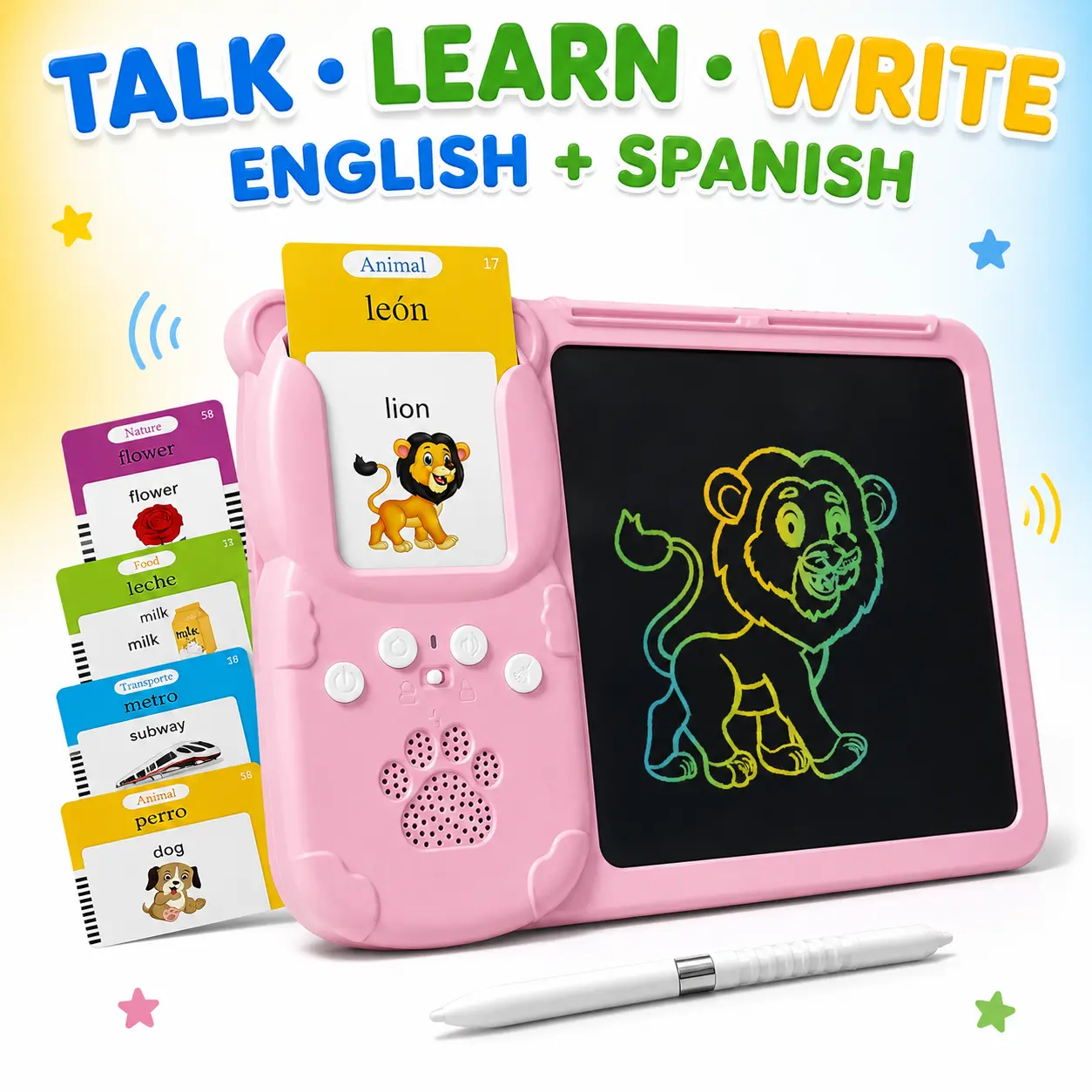 KIDGENIUS 3-in-1 Bilingual English-Spanish Voice Flash Cards, Rechargeable LCD Drawing Pad, 510 Phonics Talking Animal Cards, Portable Educational Learn-to-Read Toy, Holiday Gift for Unisex Kids Ages 3-8