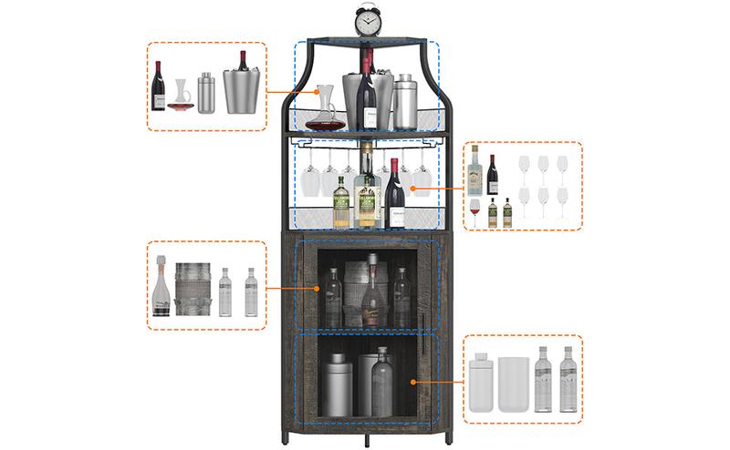 【GARVEE】Industrial Corner Wine Cabinet with Removable Rack and Glass Holder in Dark Wood Finish, Perfect for Stylish Wine Storage and Display in Home Bars or Living Spaces, Combining Functionality and Aesthetic Appeal for Wine Enthusiasts and Entertainers