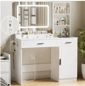 Vanity Desk, Makeup Vanity with LED Lighted Mirror Vanity with Glass Top Drawers Vanity Table with Charging Station for Girls Bedroom Large Storage Cabinet Shelves, White