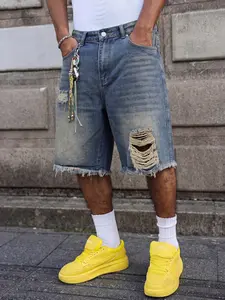 Men's Distressed Hem Jeans Shorts, Dirty Hole Casual Style, with Pockets, Perfect for Daily Wear, Fashionable Loose-Fitting Streetwear