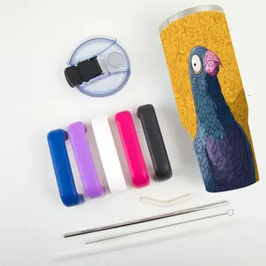 40oz Insulated Stainless Steel Tumbler - Car Cup Holder Friendly Vibrant Whimsical Cartoon Pigeon + Ornate Yellow Floral Background | Built-in Handle + Leak-Proof Lid | All-Day Hot/Cold Retention (For Playful Animal Fans)