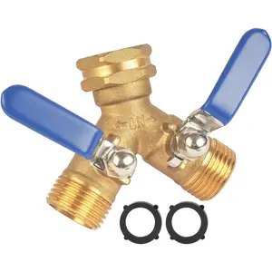 Hose Splitter 2 Way Heavy Duty, Full Flow Garden Hose Splitter with Large Easy-Turn Handle, 3/4 Inch GHT Brass Water Hose Splitter for Outdoor Faucet, Y Valve Hose Bib Splitter