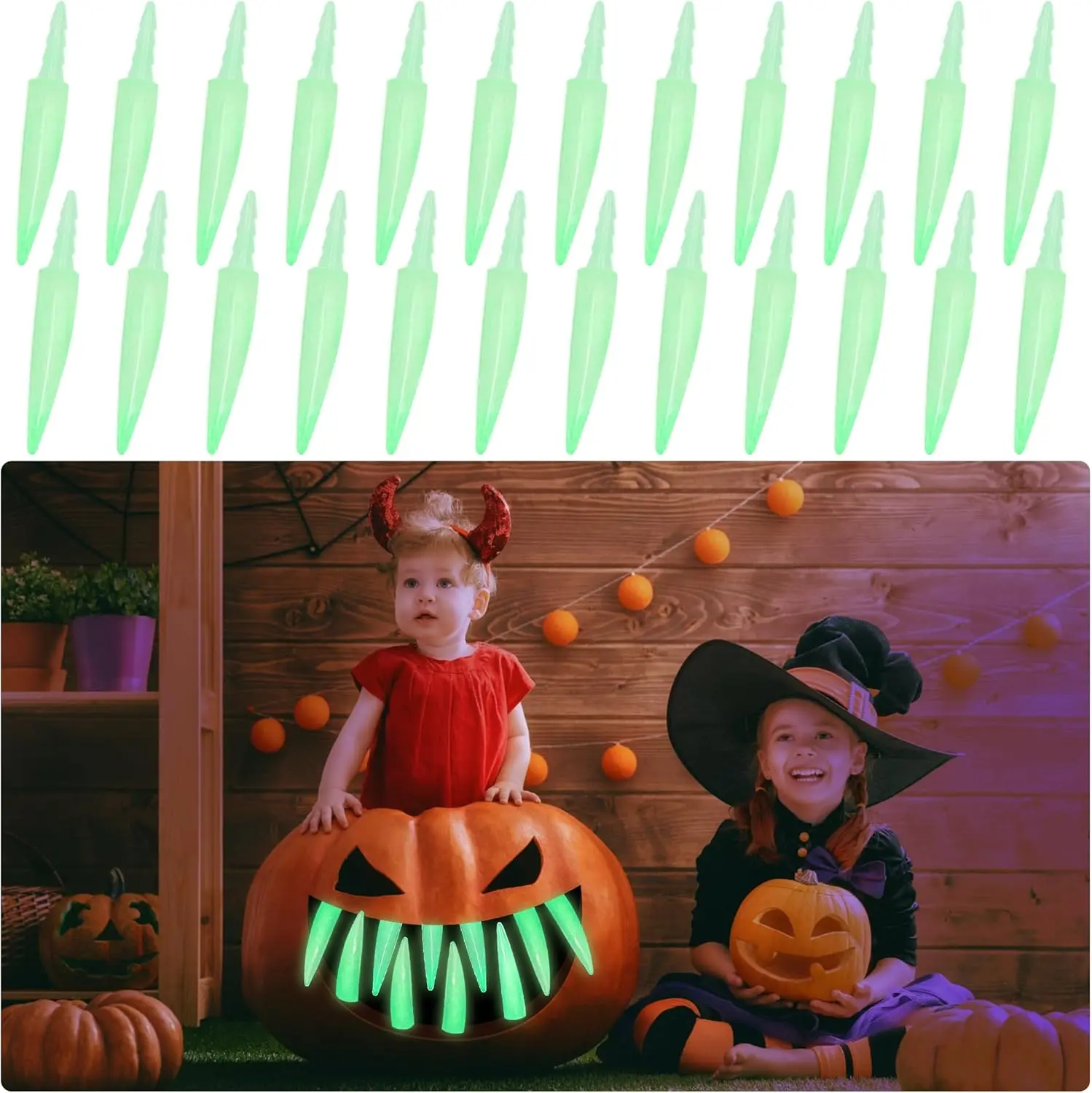 32 Pcs Halloween Glowing Pumpkin Teeth, Spooky Pumpkin Carved Fangs, Jack O Lantern Teeth for Halloween Party Carved Decorative Accessories School Handicraft DIY Activities  Halloween & Christmas gifts Party Favors