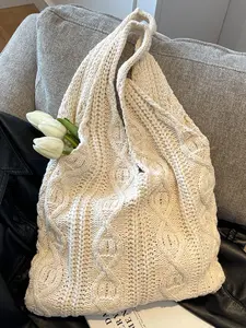 Women's Solid Color Braided Crochet Shoulder Bag, Fashionable Large Capacity Tote Bag for Daily Used, Casual Trendy Versatile High-quality Daily Commuting Bag